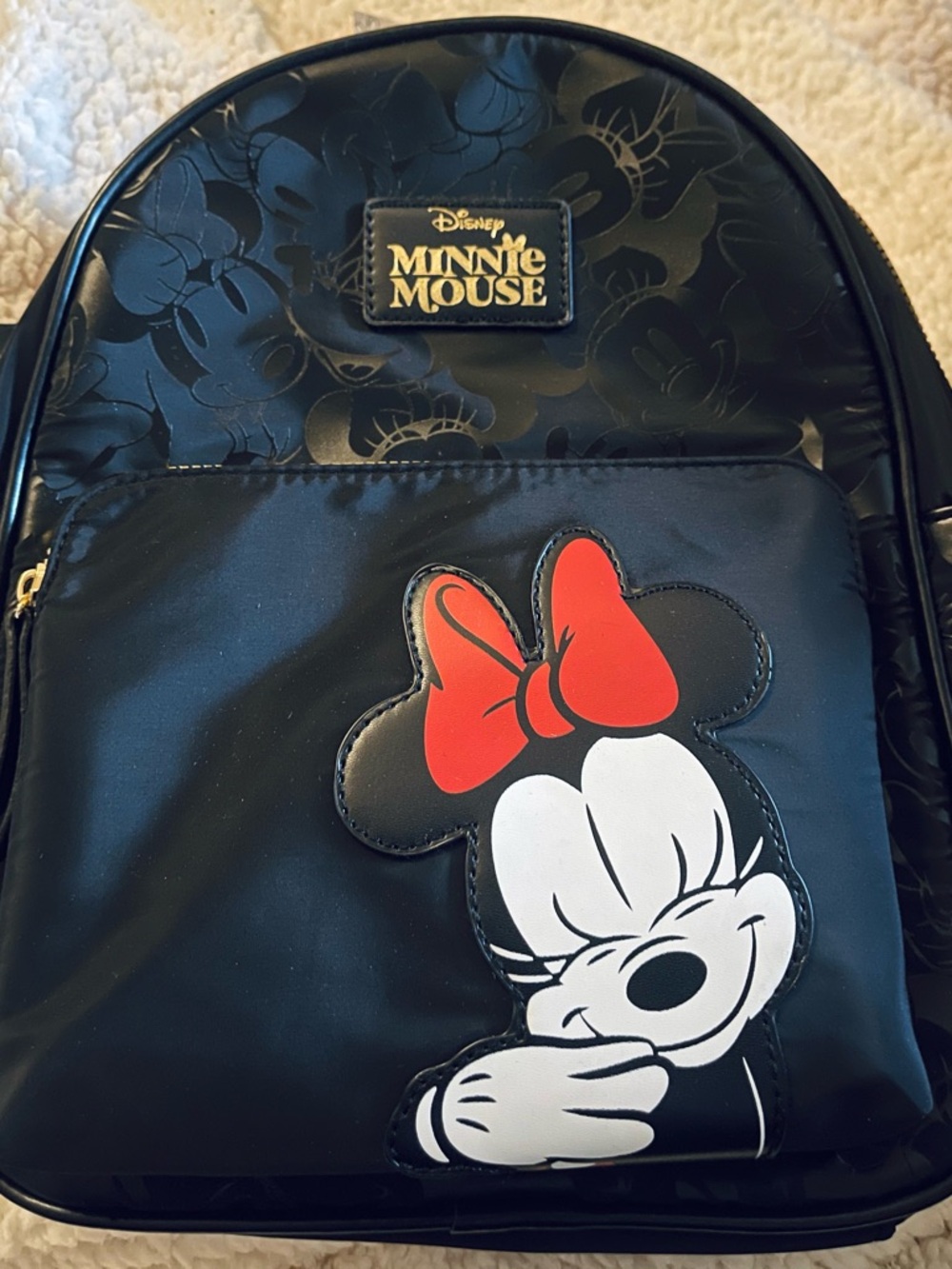 NWT Primark Disney Minnie Mouse Embossed Black Backpack with Red Bow